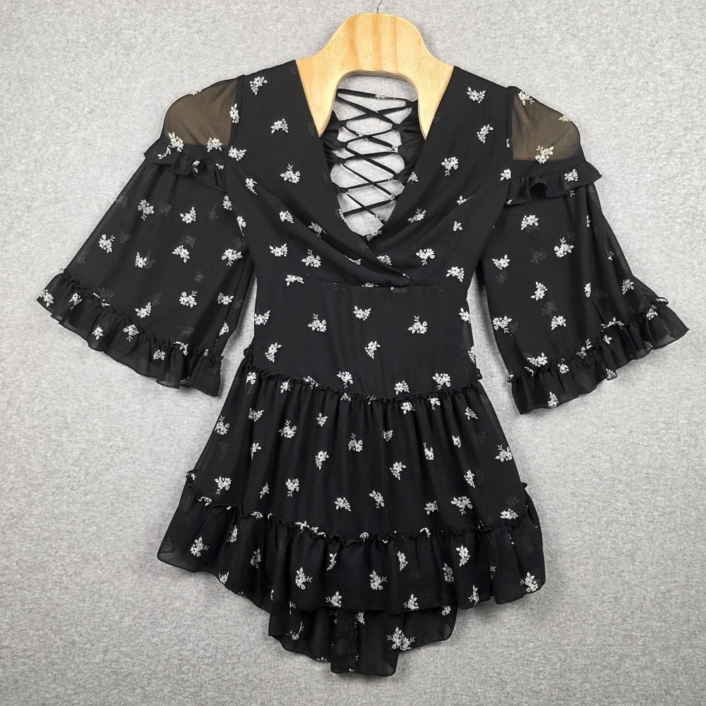 Forever 21 Dress Womens L Black Floral Lace Up Cold Shoulder Hi Low Fit & Flare